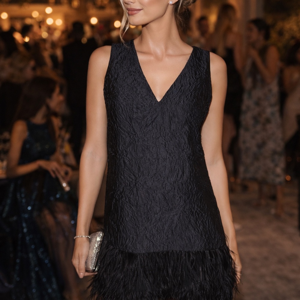 BCBG Max Azria Black Feather Trim V-Neck Cocktail Dress